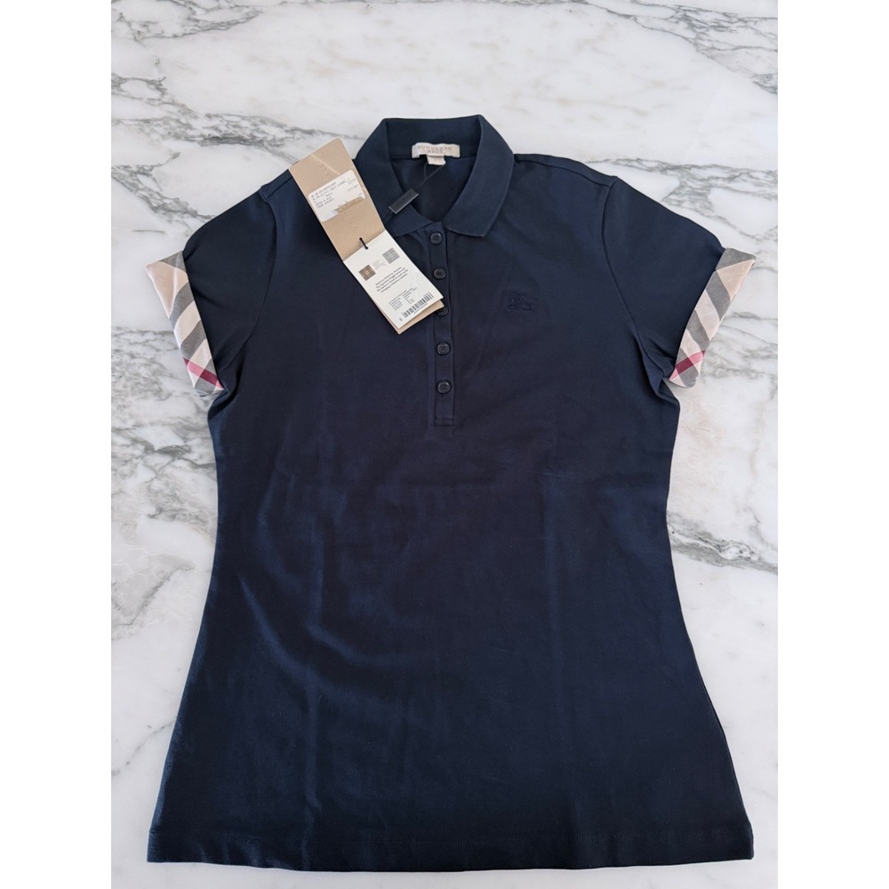 Authentic Burberry BRIT Women's Navy Blue‎ Polo Nova Check Accent Size S